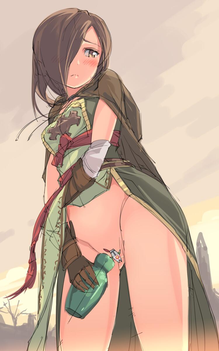 blush brown_eyes brown_gloves brown_hair cape censored character_censor dark_souls dark_souls_ii emerald_herald flask gloves hair_over_one_eye highres jpeg_artifacts long_hair michairu no_panties novelty_censor open_mouth pee peeing peeing_in_bottle praise_the_sun solaire_of_astora solo souls_(from_software)