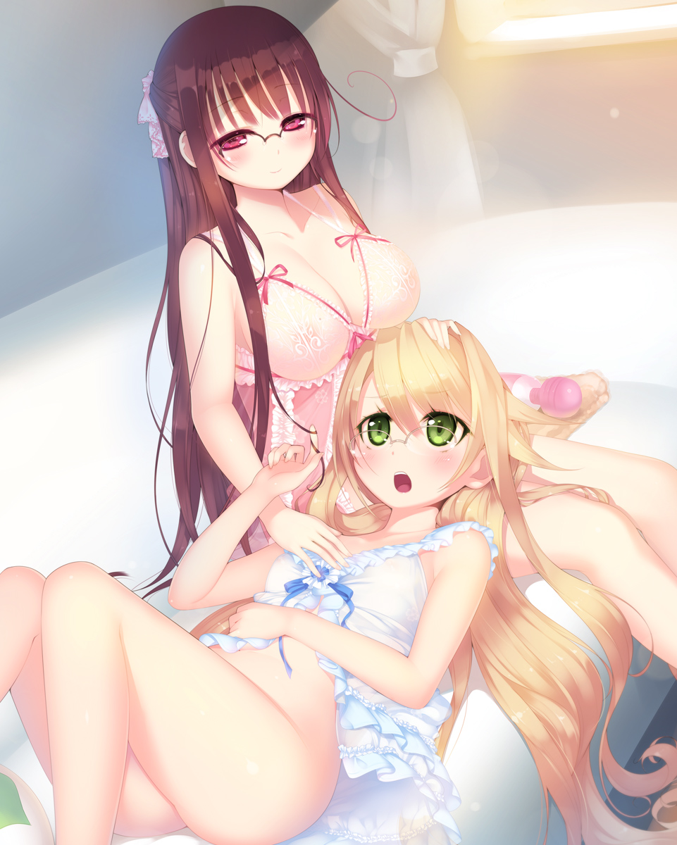 ahoge arima_senka arima_senne babydoll barefoot blonde_hair blue_frills blue_ribbon blush breasts brown_hair cleavage covered_nipples flat_chest frilled_babydoll glasses green_eyes hair_twirling half_updo hand_on_another's_chest hand_on_another's_head hand_on_own_stomach highres hitachi_magic_wand kashiwamochi_yomogi lap_pillow large_breasts lingerie long_hair mole mole_on_breast multiple_girls nipples no_panties open_mouth original over-rim_eyewear pink_babydoll pink_ribbon playing_with_another's_hair red_eyes ribbon ribbon_babydoll see-through semi-rimless_eyewear siblings sisters sitting smile underwear vibrator white_babydoll