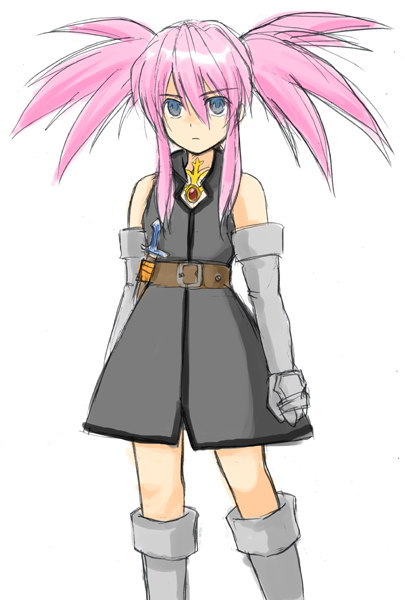 artist_request blue_eyes boots dagger elbow_gloves expressionless gloves knee_boots pink_hair presea_combatir tales_of_(series) tales_of_symphonia traditional_media twintails weapon