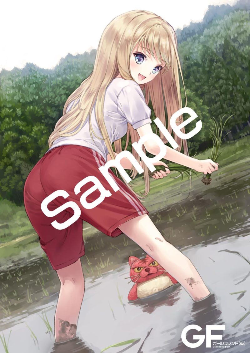 :d bent_over blonde_hair blue_eyes chloe_lemaire copyright_name day dirty dutch_angle forest from_behind girlfriend_(kari) gym_shorts gym_uniform kishida_mel leaning_forward long_hair looking_at_viewer looking_back mud nature official_art open_mouth outdoors reflection rice_paddy rice_planting sample shorts sky smile solo standing wading water watermark