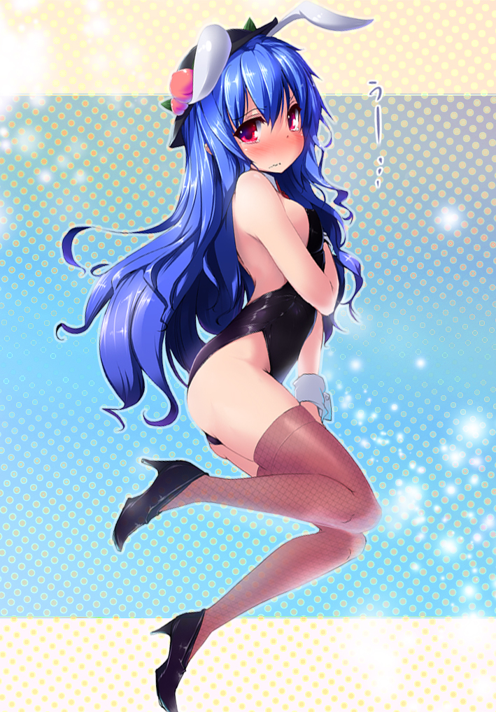 alternate_costume animal_ears blue_hair blush breasts bunny_ears bunnysuit dot_r embarrassed food frown fruit full_body gradient gradient_background hand_on_own_chest hat high_heels hinanawi_tenshi legs_folded long_hair looking_at_viewer medium_breasts peach polka_dot polka_dot_background red_eyes sideboob solo sparkle tears thighhighs touhou uu~ wavy_mouth wrist_cuffs