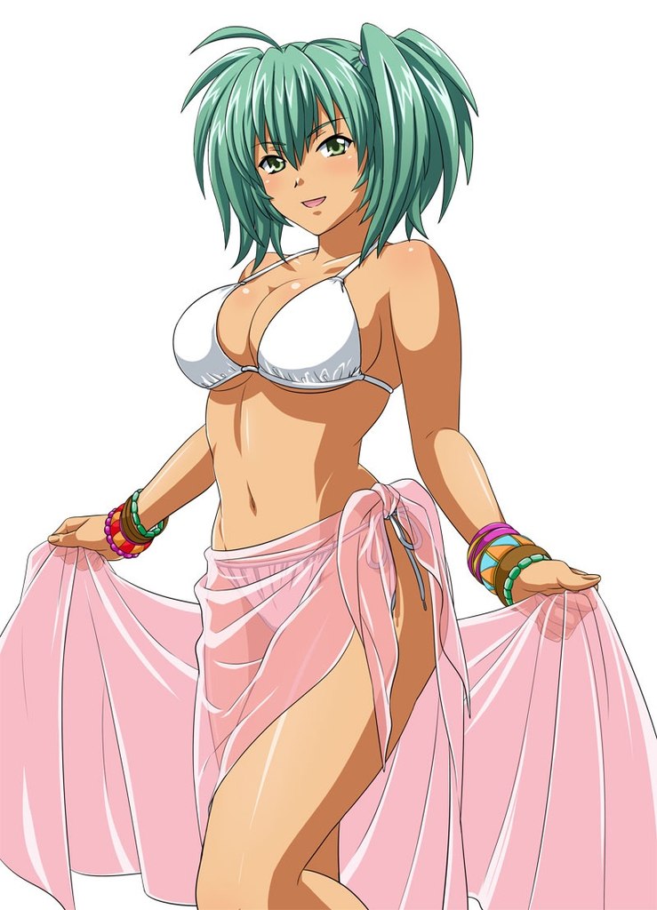 1girl bikini bracelet breasts cleavage green_eyes green_hair ikkitousen jewelry large_breasts legs looking_at_viewer lots_of_jewelry official_art open_mouth ryofu_housen sarong side-tie_bikini simple_background solo swimsuit thighs twintails white_bikini white_swimsuit