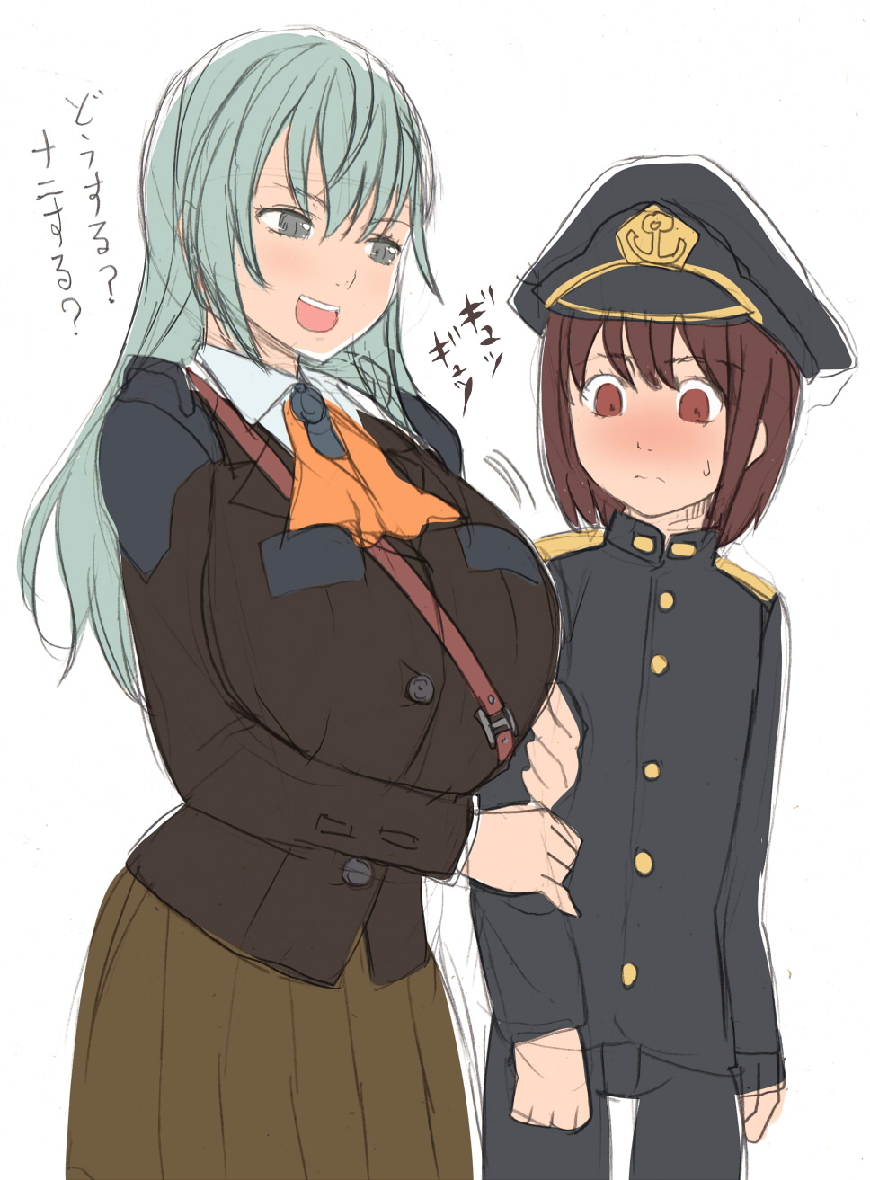 1boy 1girl admiral_(kantai_collection) arm_grab blush breasts brown_hair cap child gray_eyes grey_eyes huge_breasts kantai_collection kloah long_hair shota_admiral_(kantai_collection) skirt suzuya_(kantai_collection) translation_request uniform