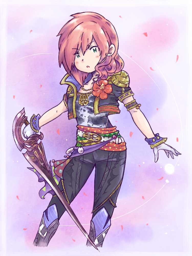 1girl beads final_fantasy final_fantasy_xiii flower gloves jewelry jewlery lightning_farron lightning_returns:_final_fantasy_xiii petals pink_hair rose_petals short_jacket shouta_(shbz) sword weapon