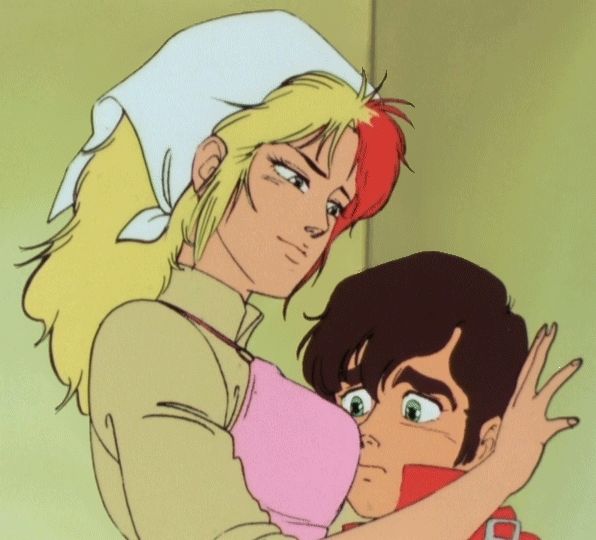 1boy 1girl 80s against_wall age_difference animated animated_gif apron blonde_hair breast_smother breasts brown_hair chara_soon embarrassed green_eyes gundam gundam_zz judau_ashta milf multicolored_hair oldschool red_hair two-tone_hair