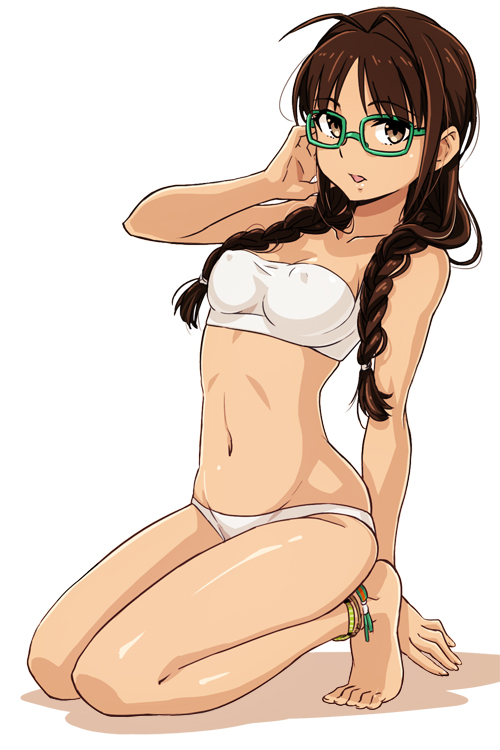 akizuki_ritsuko anklet antenna_hair arm_support bandeau barefoot bikini braid breasts brown_eyes brown_hair covered_nipples full_body glasses green-framed_eyewear groin hand_on_own_head idolmaster idolmaster_(classic) jewelry kneeling long_hair looking_at_viewer luncheon_meat_umai medium_breasts midriff navel open_mouth simple_background solo strapless swimsuit twin_braids white_background white_bandeau white_bikini