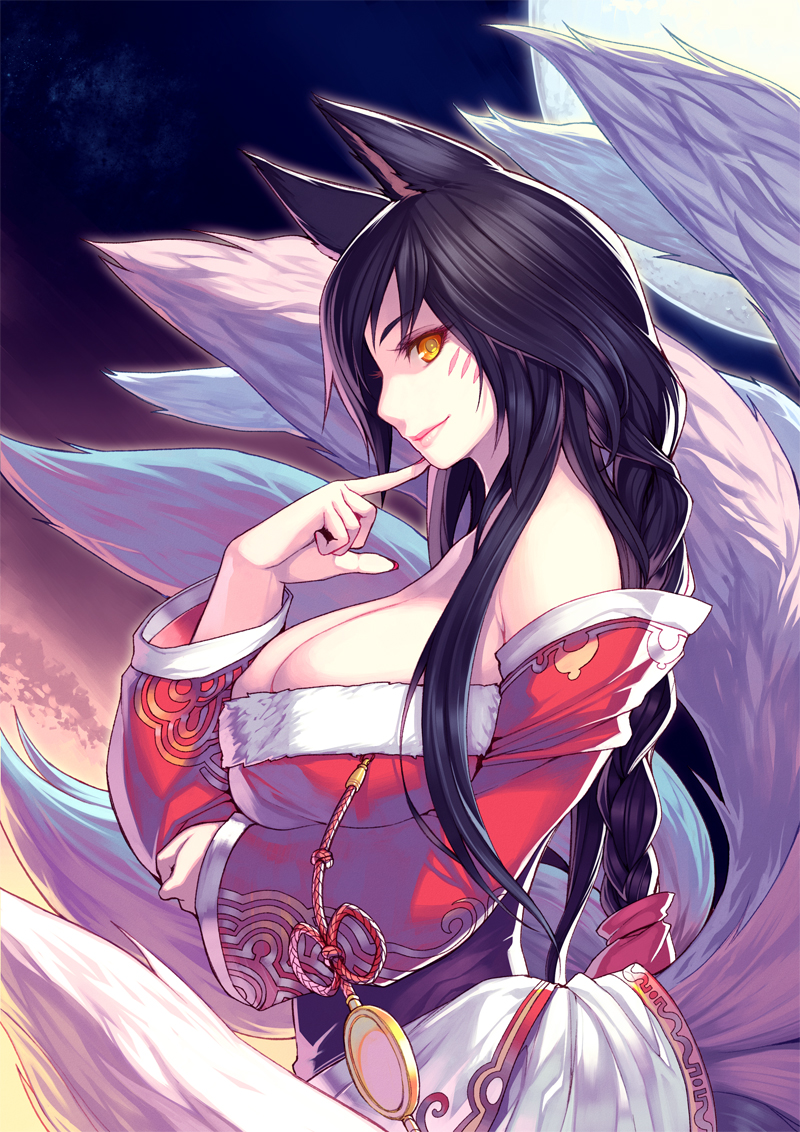 ahri animal_ears black_hair blush breast_hold breasts cleavage facial_mark fox_ears fox_tail kimura_daisuke kumiho large_breasts league_of_legends lips long_hair low_neckline multiple_tails profile smile solo tail yellow_eyes