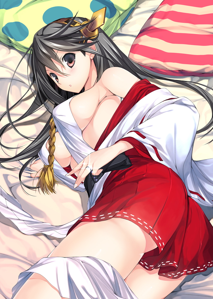 bare_shoulders black_hair blush breasts brown_eyes detached_sleeves hair_ornament hairband hairclip haruna_(kantai_collection) japanese_clothes jewelry kantai_collection large_breasts long_hair lying naruse_hirofumi nontraditional_miko on_side open_mouth ring sideboob skirt solo