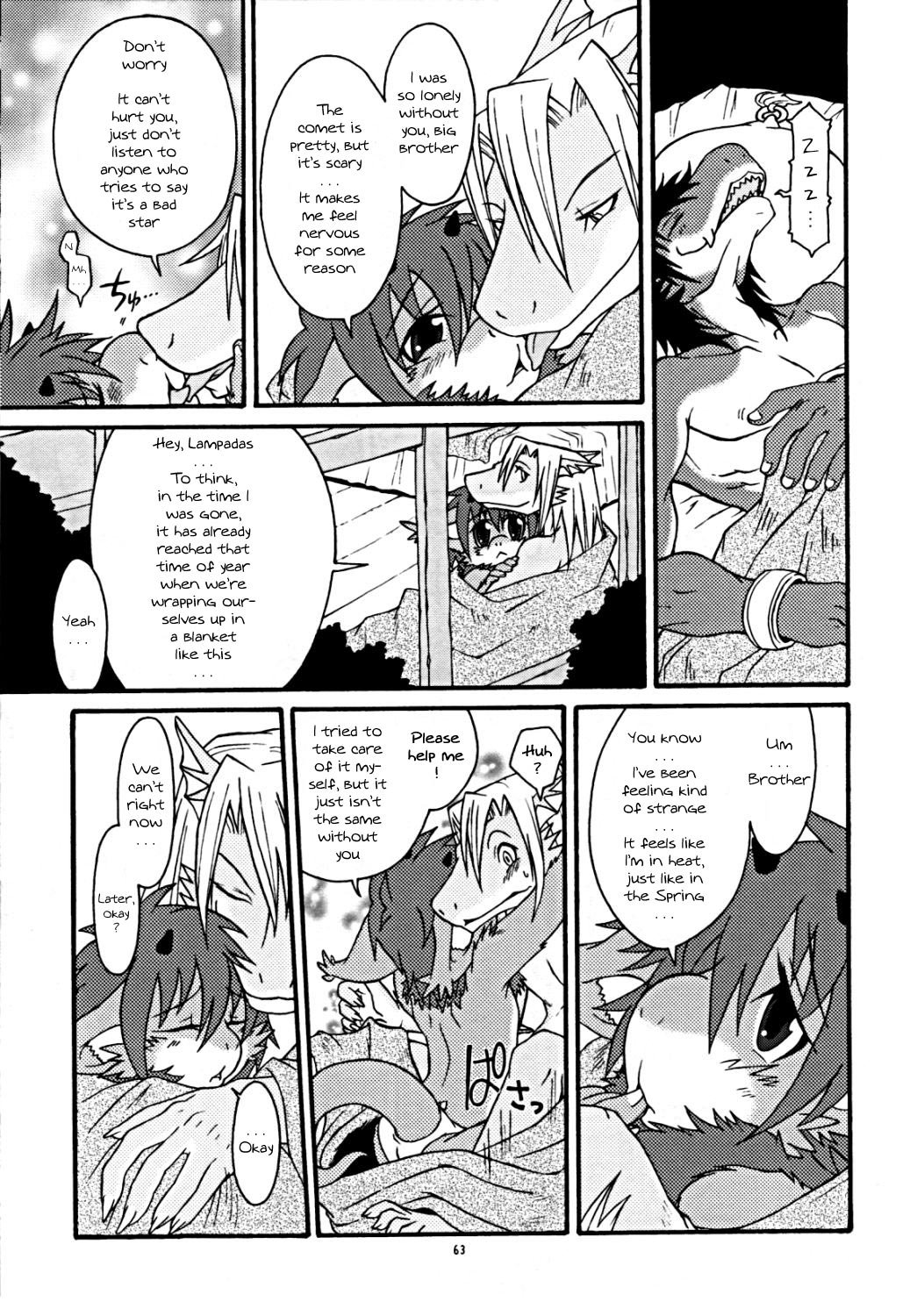 anthro big_ears blanket clothed clothing comic cuddling cute date_natsuku dialog dragon english_text eyes_closed furred_dragon gay hair half-dressed horn hug inside kissing lying male on_back sleeping smile text tongue tongue_out young