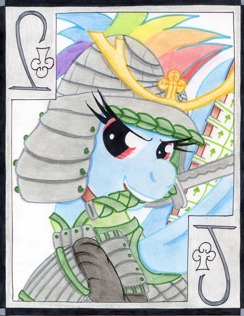 &#9827; card clubs equine friendship_is_magic fur hair horse jack jack_of_clubs katana mammal multi-colored_hair my_little_pony playing_card pony purple_eyes rainbow_dash_(mlp) rainbow_hair samurai solo sword the1king weapon