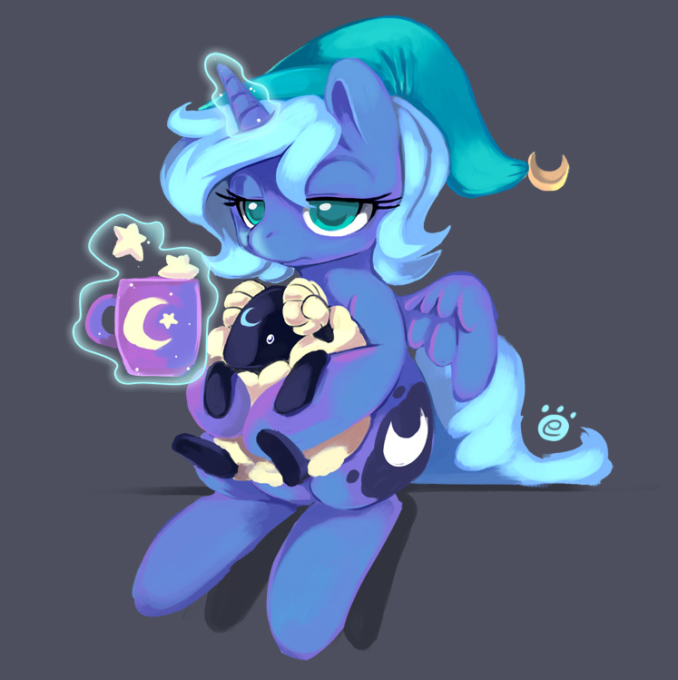 blue_eyes blue_hair caprine cup cutie_mark ende equine female friendship_is_magic glowing hair hat horn horse hug magic mammal marshmallow moon mug my_little_pony night_cap plushie pony princess_luna_(mlp) sheep solo sparkles star winged_unicorn wings young