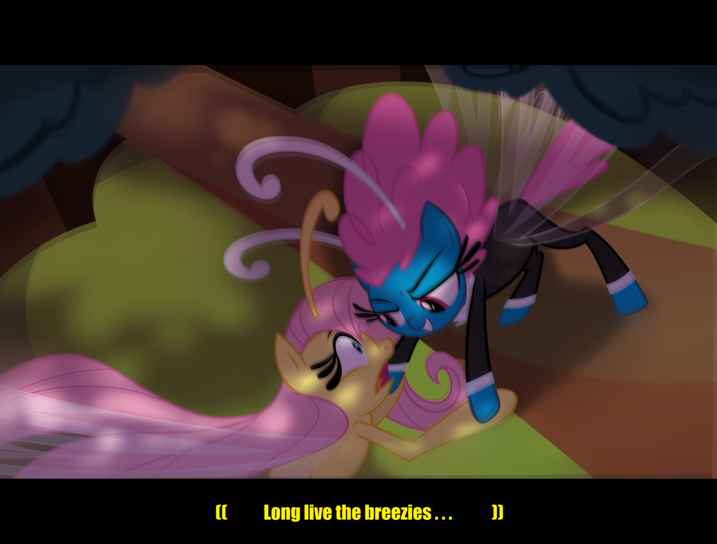 antennae arthropod blue_eyes branch breezie bush dialog duo english_text female fluttershy_(mlp) friendship_is_magic hair insect male my_little_pony outside pink_hair purple_eyes seabreeze_(mlp) text tree wicklesmack wings