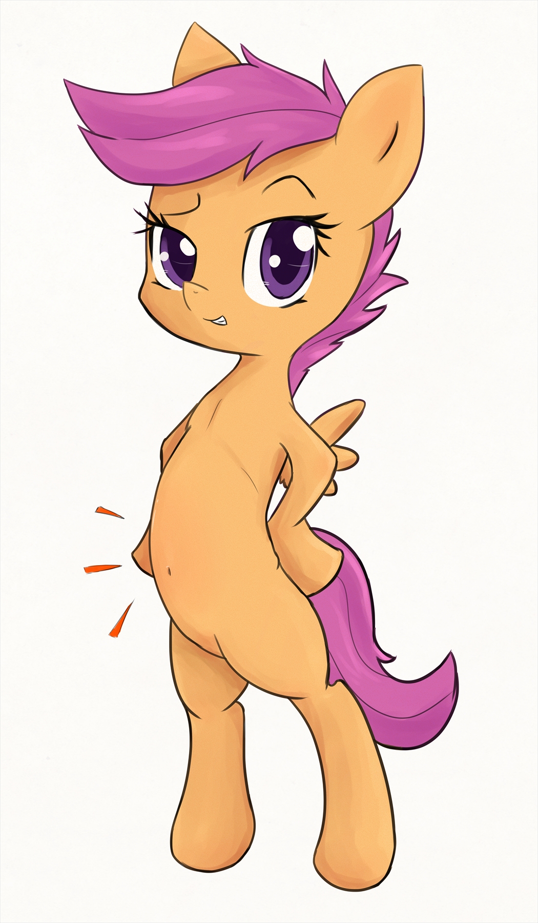 cub equine female feral friendship_is_magic fur hair horse looking_at_viewer mammal my_little_pony navel orange_fur pegasus plain_background pony purple_hair scootaloo_(mlp) solo standing wings young zokkili