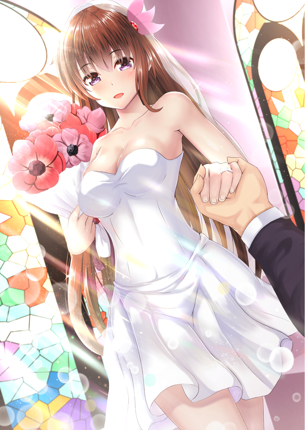 1girl black_jacket blush breasts bridal_veil church_interior cleavage collarbone dress dutch_angle flower hair_flower hair_ornament highres holding_hand indoors jacket jewelry kantai_collection kisaragi_(kantai_collection) lips looking_at_viewer medium_breasts older open_mouth purple_eyes ring solo_focus standing strapless strapless_dress takamichis211 veil wedding_band wedding_dress white_dress