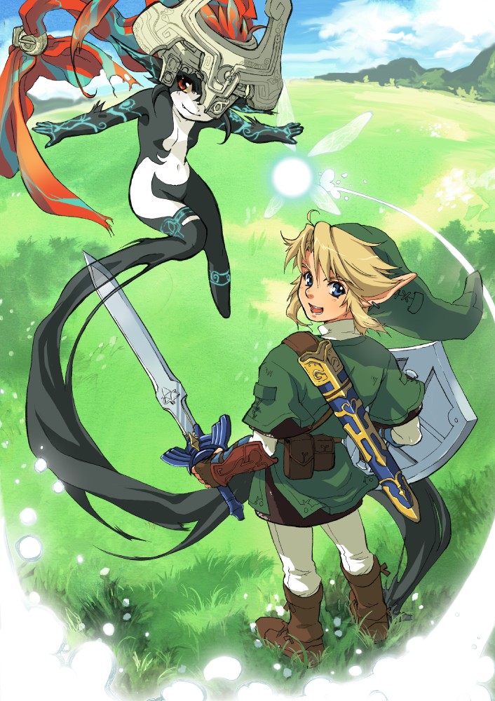 1girl darkness dissolving fairy field grass hat helmet holding holding_sword holding_weapon imp left-handed link master_sword midna pointy_ears shield sword the_legend_of_zelda the_legend_of_zelda:_twilight_princess weapon yajiro_masaru