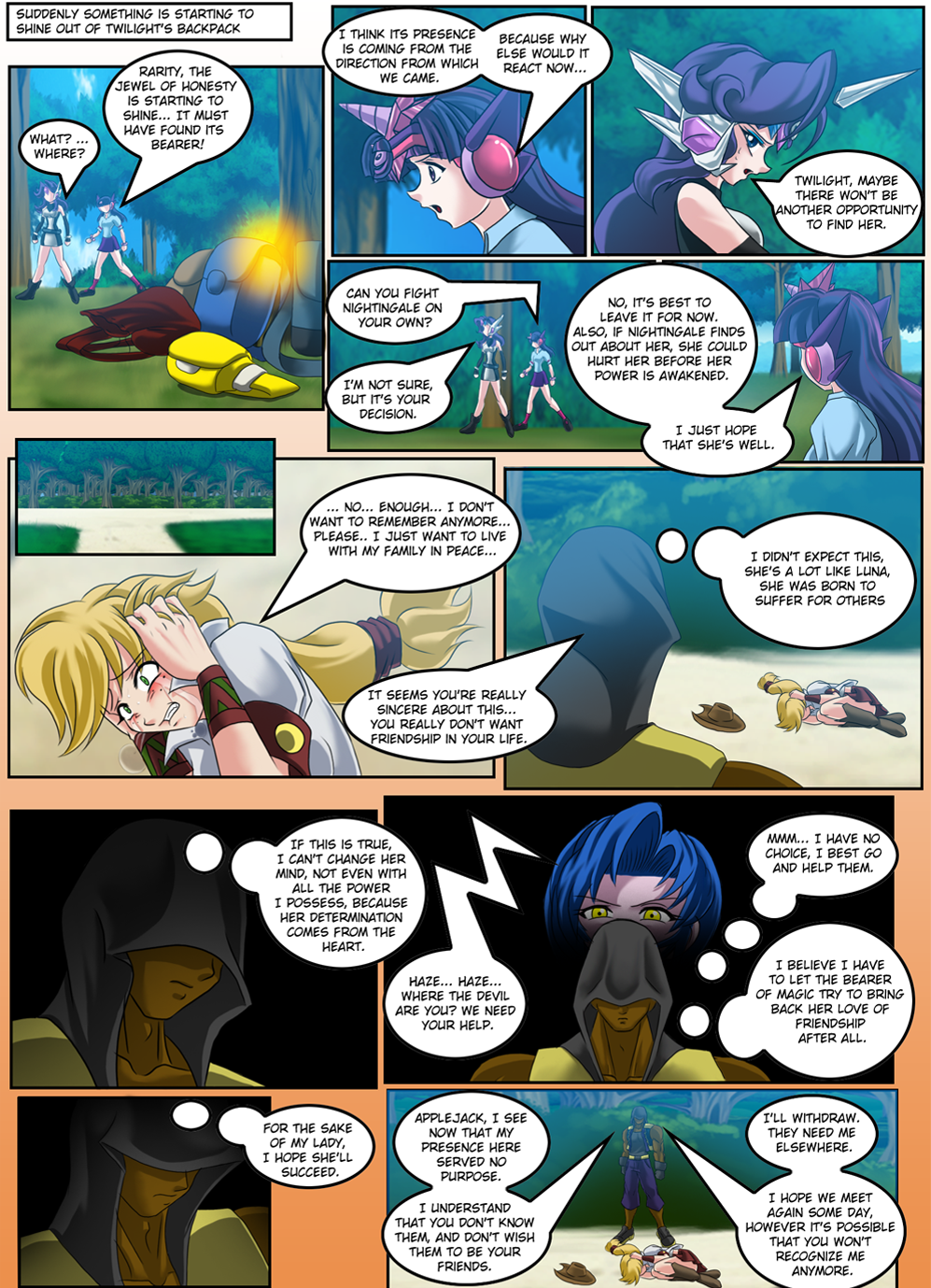 applejack_(mlp) barrier clothed clothing comic dialog earth english_text female fight flying friendship_is_magic hair hat hood human humanized magic_blast mammal mauroz multi-colored_hair my_little_pony rarity_(mlp) scared shadowbolts_(mlp) text tiara transformation twilight_sparkle_(mlp)