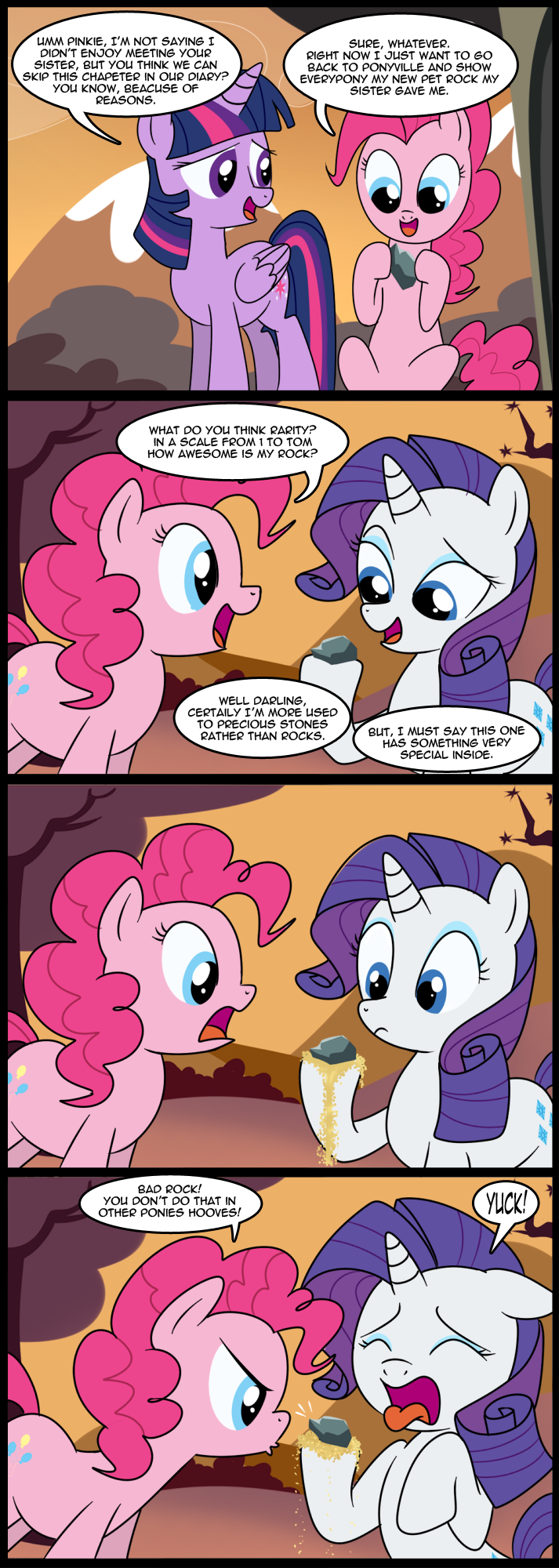 bush comic cutie_mark dialog english_text equine eyeshadow female friendship_is_magic hair horn horse madmax makeup mammal multi-colored_hair my_little_pony outside pink_hair pinkie_pie_(mlp) pony purple_eyes purple_hair rarity_(mlp) rock text tree twilight_sparkle_(mlp) unicorn urine winged_unicorn wings