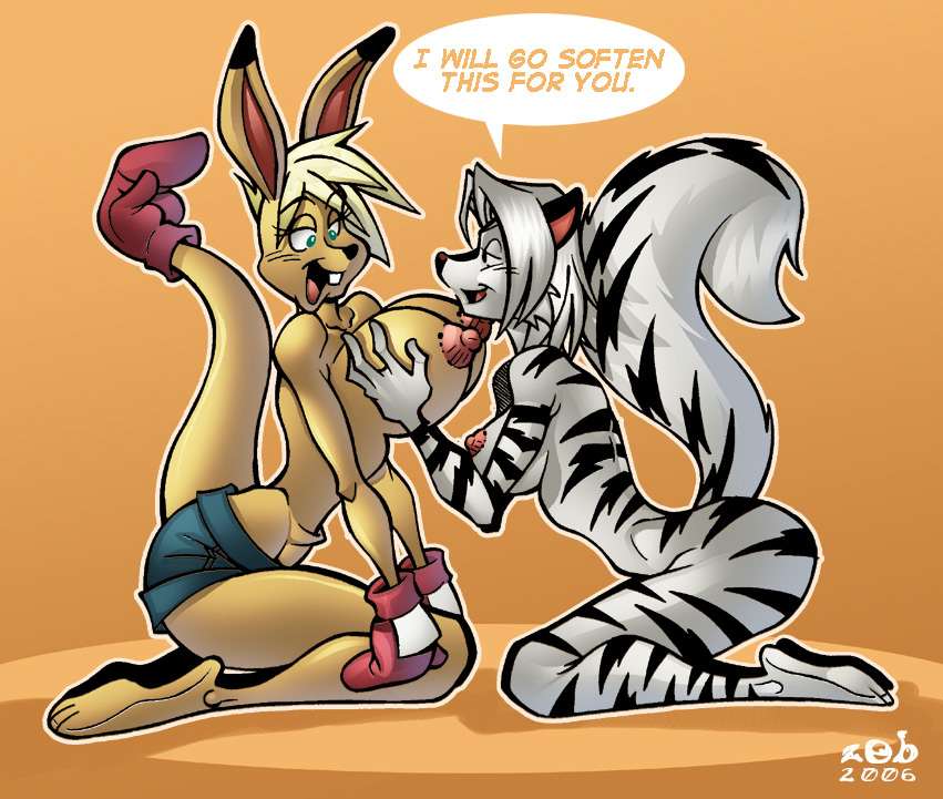 anthro big_breasts blonde_hair boxing_gloves breast_fondling breasts breasts_fondling dialog duo fabio_paulino feline female fondling grope hair huge_breasts kangaroo ko lesbian long_hair mammal marsupial muscles muscular_female nipples pouch skunk text zig_zag