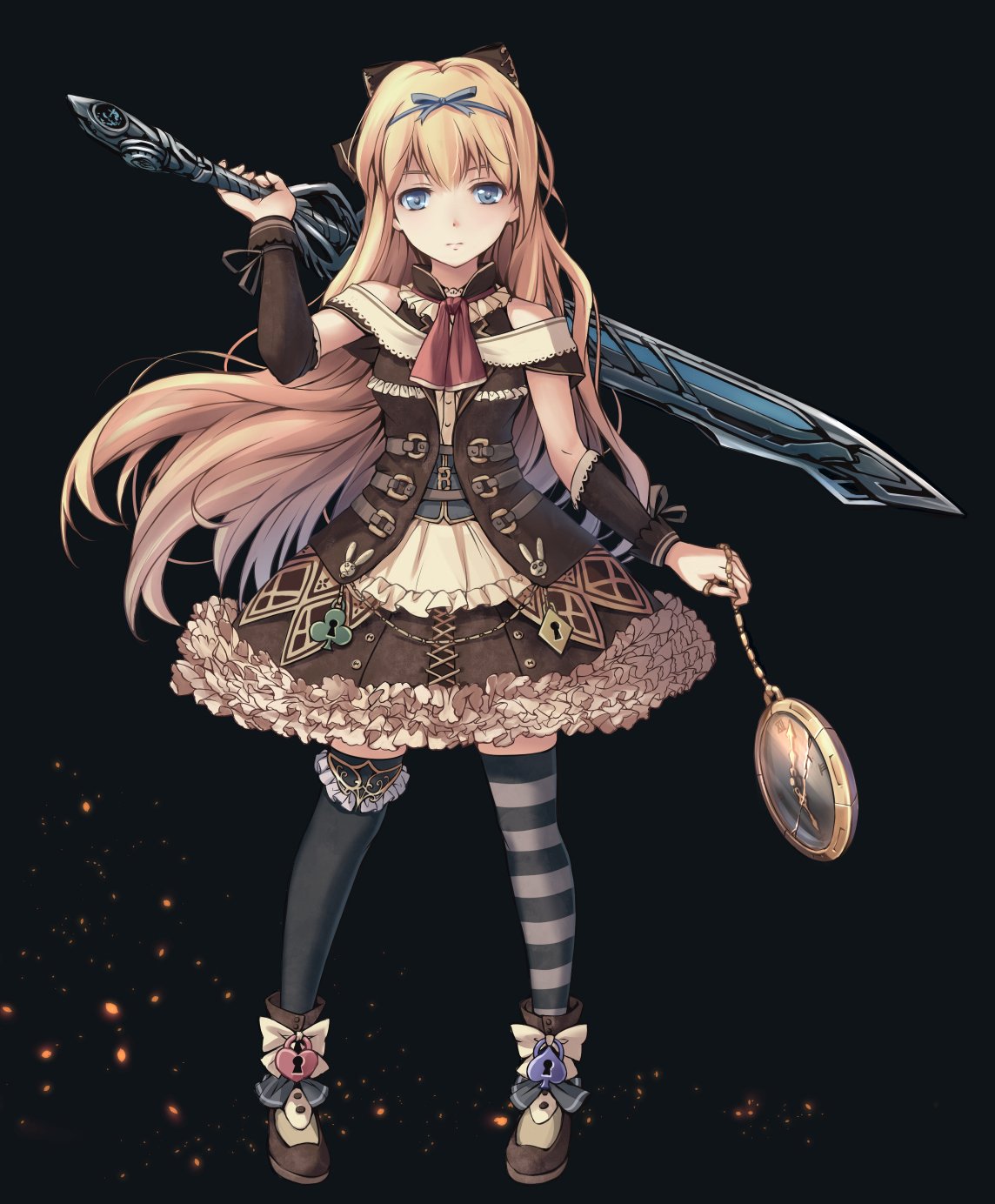 1girl arm_guards ascot bare_shoulders black_background black_legwear blonde_hair blue_eyes bow buckle buttons club_(shape) commentary cravat diamond_(shape) dress embers expressionless frilled_dress frills full_body hair_bow hair_ribbon heart heart-shaped_lock highres holding holding_pocket_watch holding_sword holding_weapon long_hair looking_at_viewer mismatched_legwear original over_shoulder pocket_watch ribbon shoes solo soraizumi spade_(shape) standing striped striped_legwear sword sword_over_shoulder thighhighs very_long_hair watch weapon weapon_over_shoulder zettai_ryouiki