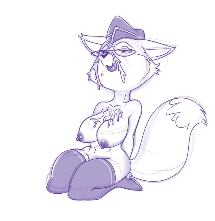 anthro big_breasts boots breasts canine cum cum_on_breasts cum_on_face eyewear female fluffy_tail fox glasses hat legwear licking lonbluewolf lt._vixen mammal military_uniform monochrome navel solo squirrel_and_hedgehog stockings tongue tongue_out
