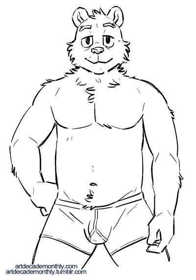 anthro artdecade bear bulge front_view line_art looking_at_viewer male mammal monochrome presenting seduction smile solo topless underwear willy willy_(artdecade)