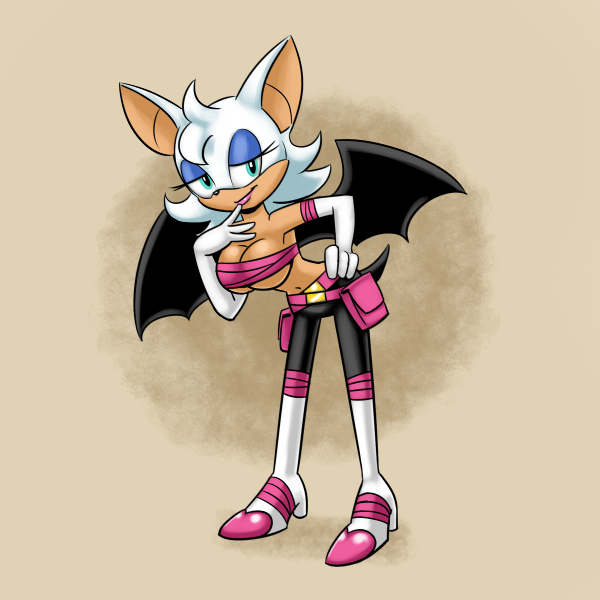 anthro bat big_breasts blue_eyes breasts carelessdoodler cleavage clothed clothing female hair mammal navel rouge_the_bat sega smile solo sonic_(series) white_hair wings