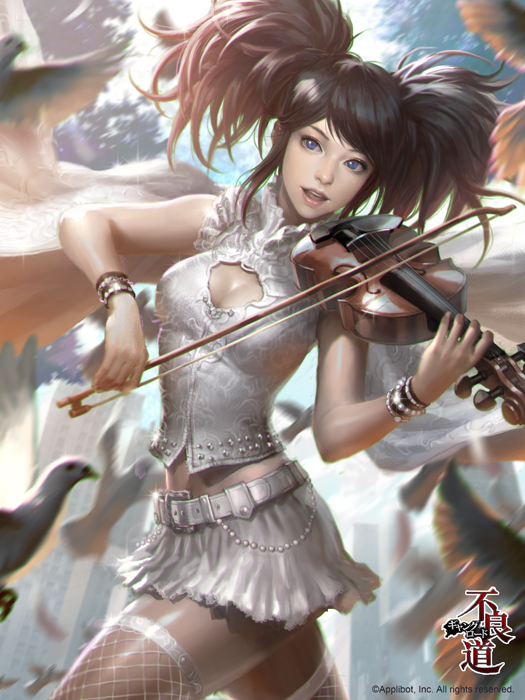 belt bird black_hair blue_eyes breasts cleavage cleavage_cutout fishnet_legwear fishnets frilled_shirt_collar frills furyou_michi_~gang_road~ instrument kilart lips long_hair medium_breasts midriff miniskirt motion_blur music parted_lips pigeon playing_instrument realistic skirt sleeveless smile solo thighhighs twintails violin wristband