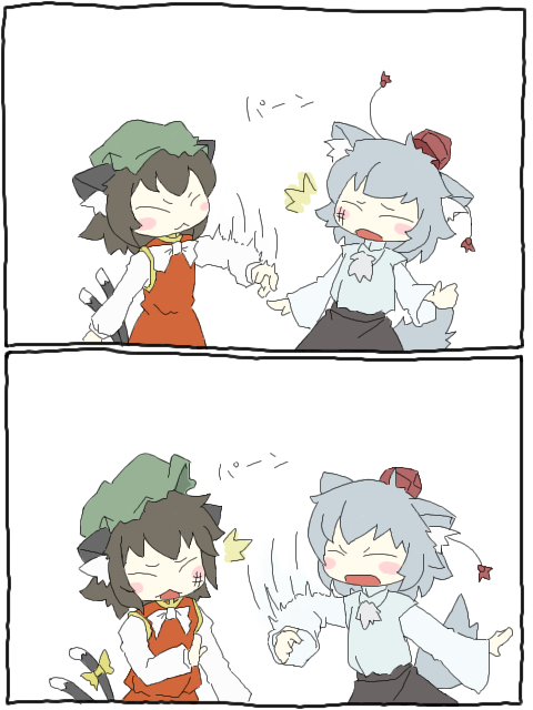 animal_ears blush_stickers brown_hair cat_ears cat_tail chen chibi closed_eyes comic hat inubashiri_momiji multiple_girls multiple_tails peconica short_hair silent_comic silver_hair slapping tail tokin_hat touhou wolf_ears wolf_tail