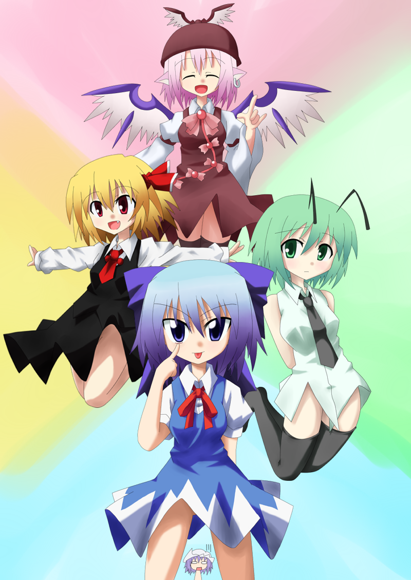 akanbe antennae arms_behind_back blue_eyes blue_hair bottomless bow breasts chikichikibatta cirno closed_eyes dress fang green_eyes green_hair hair_bow hat jewelry letty_whiterock medium_breasts multiple_girls mystia_lorelei no_panties o_o open_mouth pink_hair purple_hair red_eyes rumia single_earring small_breasts team_9 thighhighs tongue tongue_out touhou wings wriggle_nightbug