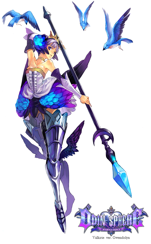 armor armored_dress bad_id bad_pixiv_id bird boots character_name choker cocorip copyright_name crown dress elbow_gloves flower gloves gwendolyn logo multicolored multicolored_wings odin_sphere polearm spear strapless strapless_dress thighhighs valkyrie weapon white_hair wings
