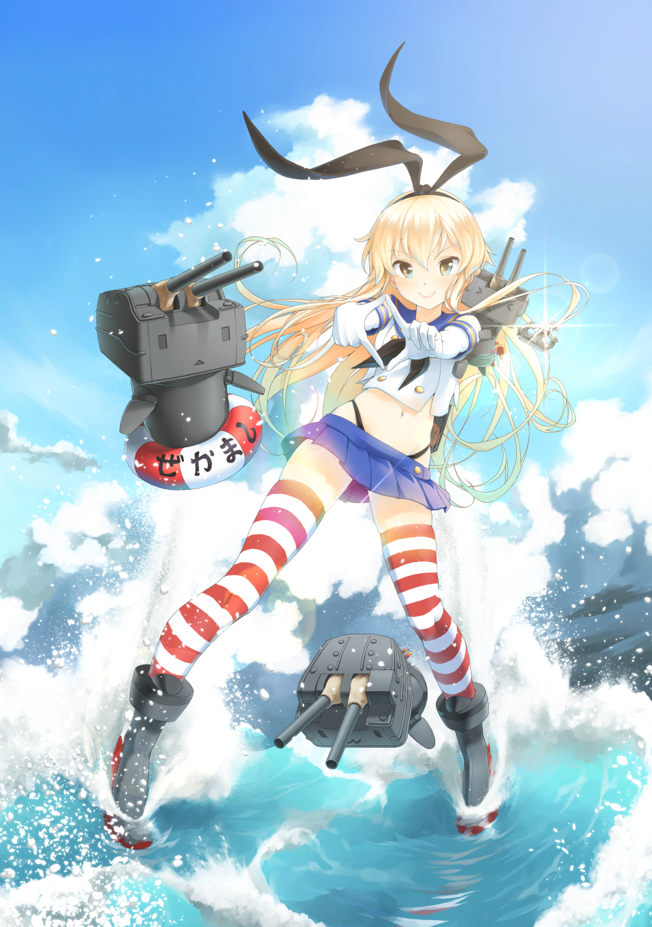 ankle_boots banned_artist blonde_hair blue_eyes blue_sky boots cloud crop_top crop_top_overhang day elbow_gloves flat_chest gloves grey_footwear hairband highleg highleg_panties highres innertube kantai_collection lens_flare long_hair looking_at_viewer microskirt midriff navel nigiriushi panties red_legwear rensouhou-chan shimakaze_(kantai_collection) skindentation skirt sky smile striped striped_legwear thighhighs underwear waves white_gloves