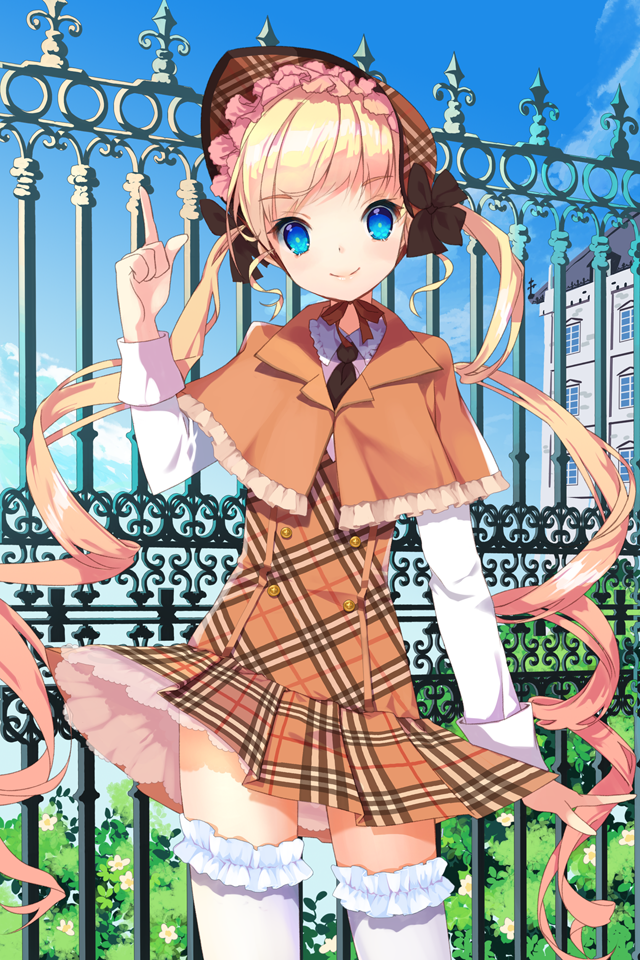 arm_up bangs black_neckwear blonde_hair blue_eyes blue_sky blunt_bangs bonnet brown_dress building bush buttons capelet collared_shirt curly_hair day dress fence frilled_legwear frills gate index_finger_raised ironwork long_hair long_sleeves looking_at_viewer mandrake_girls_2 mintchoco_(orange_shabette) necktie outdoors petticoat plaid plaid_skirt plant pointing pointing_up shirt skirt sky smile solo standing thighhighs twintails very_long_hair white_legwear white_shirt wind wind_lift