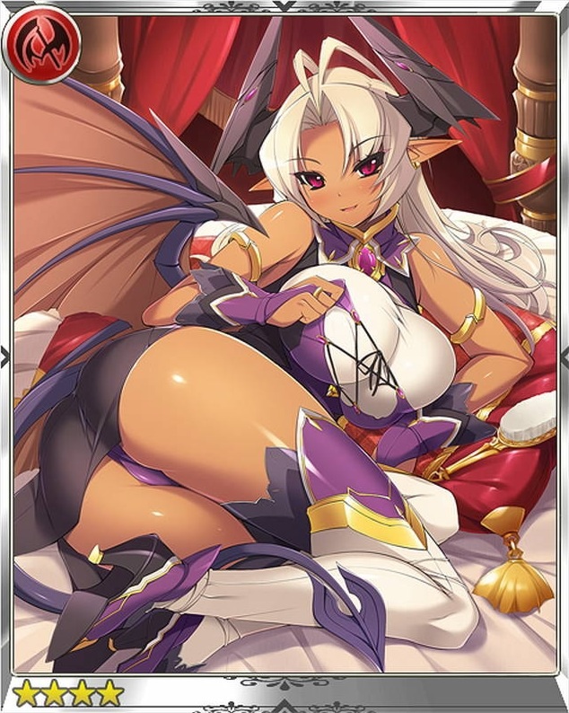 breasts card clothing cute demon female hair horn jewelry mel_(artist) monster monster_girl not_furry pinup pointy_ears pose rage_of_bahamut reign_of_dragons seductive solo succubus unknown_artist white_hair wings