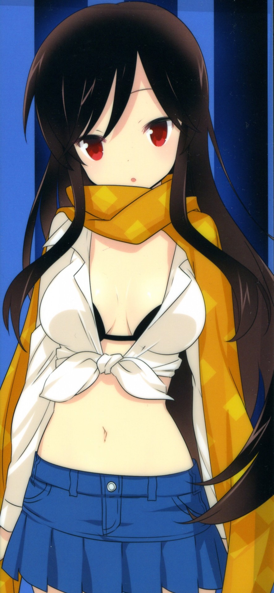 :o a_channel black_bra black_hair blue_skirt bra breasts cleavage front-tie_top highres kuroda_bb long_hair looking_at_viewer medium_breasts midriff navel nishi_yuuko non-web_source official_art red_eyes scarf shirt skirt solo tied_shirt underwear
