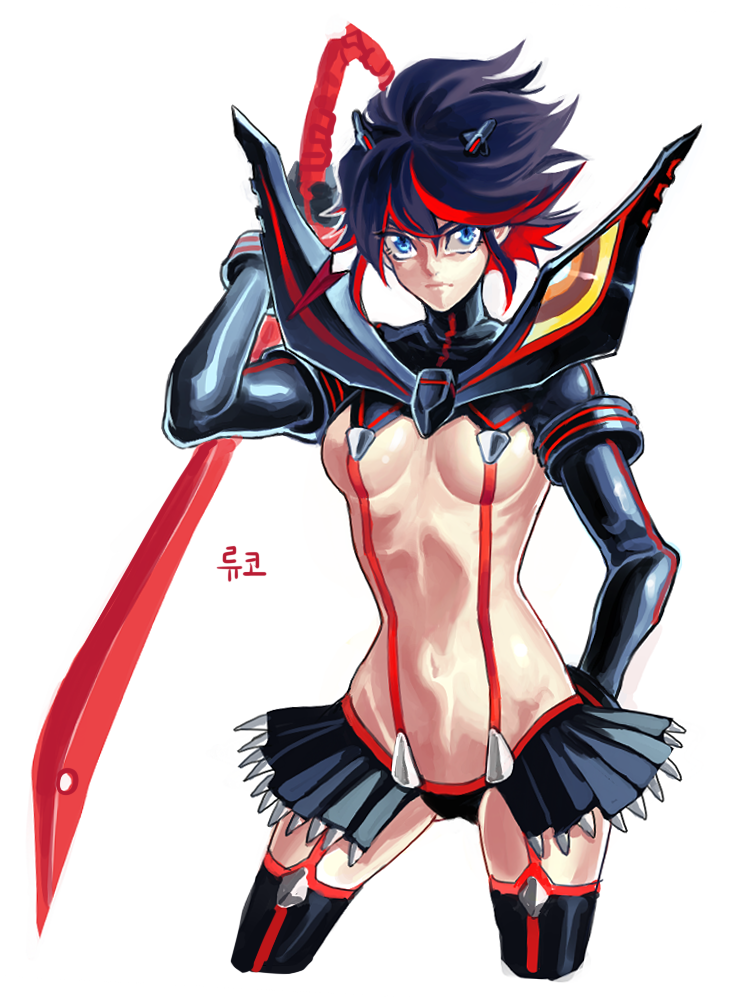 bad_id bad_twitter_id black_hair blue_eyes breasts kill_la_kill kiru_(sorr5042) matoi_ryuuko medium_breasts multicolored_hair navel red_hair revealing_clothes scissor_blade senketsu short_hair solo thighhighs two-tone_hair underboob weapon white_background