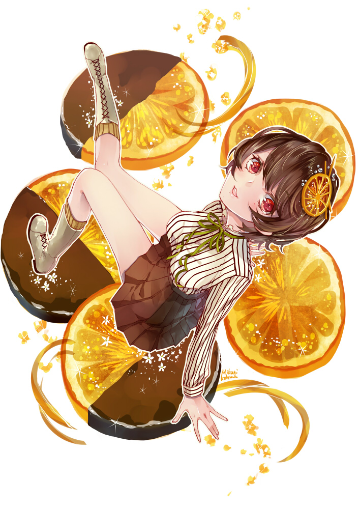 boots brown_hair chocolate food food_themed_hair_ornament from_above fruit hair_ornament knee_boots mikuni_(mikunik) open_mouth orange orange_hair_ornament orange_slice orangette original pleated_skirt red_eyes short_hair skirt solo