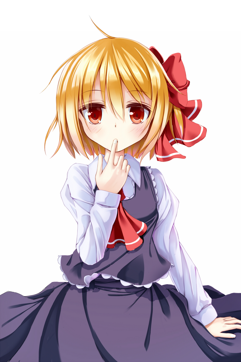ascot blonde_hair blouse finger_to_mouth frills hair_ribbon highres namatyaba red_eyes ribbon rumia short_hair simple_background skirt solo touhou vest white_background