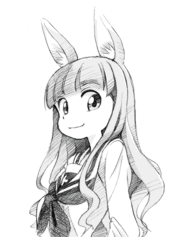 1girl animal_ears bangs blouse blunt_bangs closed_mouth commentary_request coupy_pencil_(medium) eyebrows_visible_through_hair girls_und_panzer gofu greyscale kemonomimi_mode long_hair long_sleeves looking_at_viewer monochrome neckerchief ooarai_school_uniform partial_commentary school_uniform serafuku smile solo standing takebe_saori