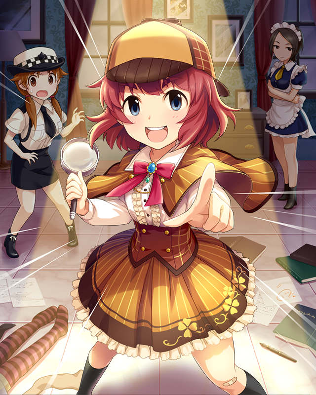 :d anzai_miyako artist_request blue_eyes brown_eyes brown_hair capelet coat deerstalker detective hat idolmaster idolmaster_cinderella_girls index_finger_raised katagiri_sanae magnifying_glass maid maid_headdress multiple_girls official_art open_mouth overcoat pinstripe_pattern police police_uniform policewoman shirasaka_koume skirt smile striped striped_legwear tougou_ai uniform