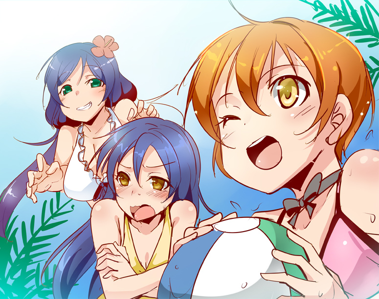 ;d ajishio ball beachball bikini binetsu_kara_mystery green_eyes grin hoshizora_rin impending_grope lily_white_(love_live!) long_hair love_live! love_live!_school_idol_project multiple_girls one_eye_closed open_mouth purple_hair smile sonoda_umi swimsuit toujou_nozomi twintails