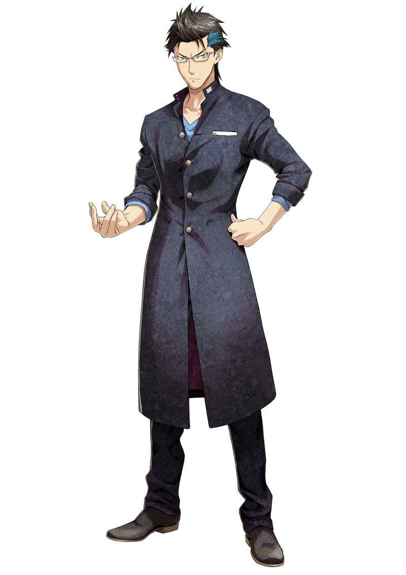 1boy black_hair blue_eyes blue_shirt buttons coat collarbone disorder_6 ears full_body glasses hand_on_hip hands jacket long_image looking_at_viewer male male_focus multicolored_hair nagahama_megumi official_art pants serious shirt shoes short_hair simple_background sleeves_rolled_up solo standing tall_image trousers uniform white_background yasu_(disorder_6)