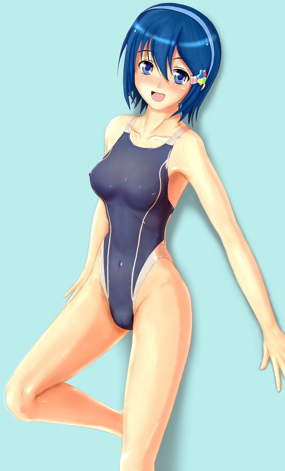 7-tan bad_id bad_pixiv_id blue_eyes blue_hair blush breasts competition_swimsuit covered_nipples dark_blue_hair hairband highres maachin_(marachine) madobe_nanami medium_breasts one-piece_swimsuit os-tan short_hair swimsuit windows windows_7