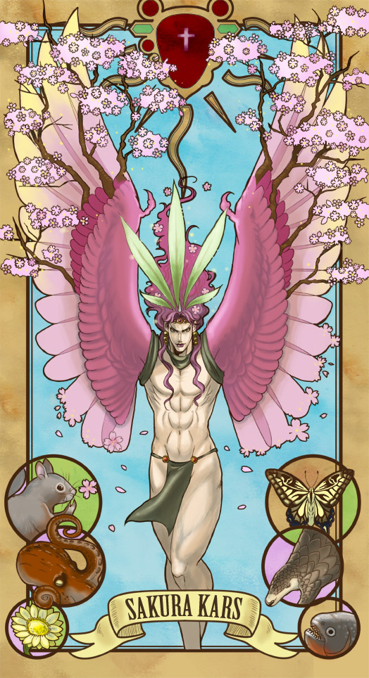akamushi_(clam_hunter) art_nouveau bug butterfly cherry_blossoms flower insect jojo_no_kimyou_na_bouken kars_(jojo) long_hair male_focus octopus pink_hair purple_hair red_stone_of_aja solo squirrel tree wings