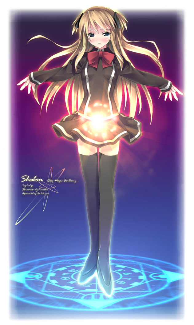 black_legwear black_skirt blonde_hair border bow bowtie full_body glowing hairband kantoku long_hair long_sleeves looking_at_viewer magic magic_circle magical_girl orb outstretched_arms quiz_magic_academy red_neckwear shalon skirt solo spread_arms standing thighhighs zettai_ryouiki