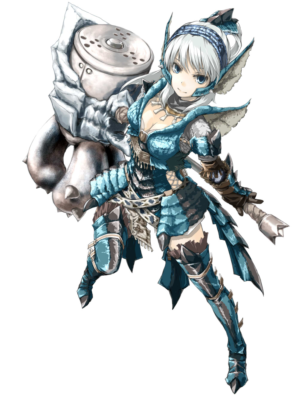 armor blue_eyes breasts cleavage hammer highres large_breasts monster_hunter rathalos_(armor) sanoharu short_hair solo thighhighs white_hair
