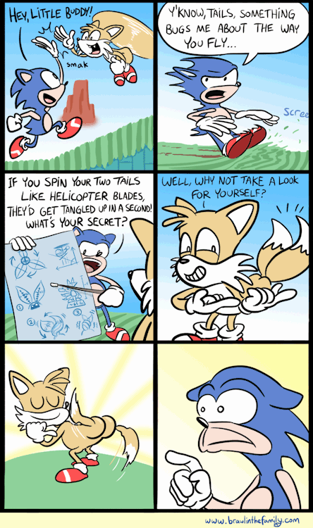 anthro butt canine comic dialog english_text eyes_closed fox fox_tail gloves hedgehog high_five humor mammal miles_prower multiple_tails o_o sega shoes simple_background smile smirk sonic_(series) sonic_the_hedgehog tails text video_games what white_gloves