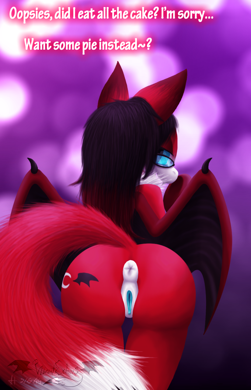 anthro anus bat bat_wings black_hair blue_eyes breasts butt canine chest_tuft cutie_mark english_text eyewear fangs female fox fur glasses hair hybrid long_hair looking_at_viewer mammal nipples nude pose presenting presenting_hindquarters pussy red_fur solo text tuft vibrantechoes vibrantechoes_(fursona) vibrantechos_(fursona) white_fur wings