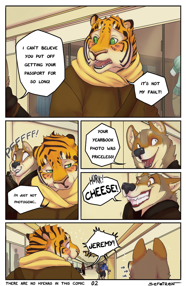 blush brandon brown_fur canine clothed clothing comic dialog feline fur green_eyes grin hoodie inside jeremy laugh male mall mammal open_mouth orange_fur scarf sefeiren stripes text tiger timber_wolf tongue wolf