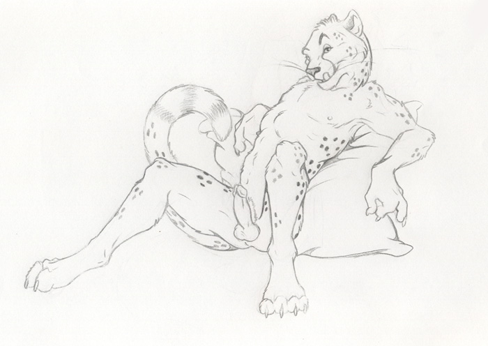 cheetah erection feline licking looking_at_viewer lying male mammal monochrome nduli on_back pencils penis pillow smirk tongue uncolored