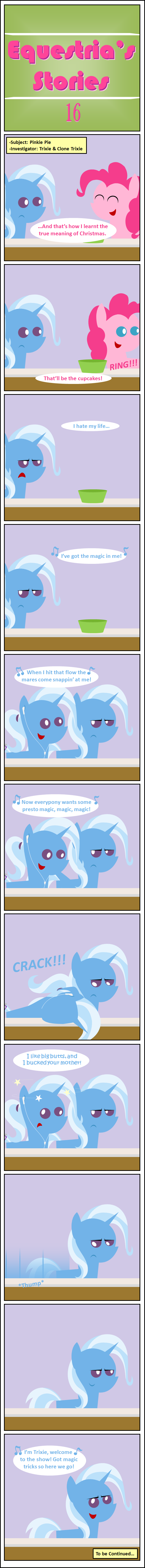 blue_eyes blue_fur blue_hair comic dialog english_text equine female feral friendship_is_magic fur hair horn horse mammal my_little_pony open_mouth pink_fur pink_hair pinkie_pie_(mlp) pony purple_eyes tails text trixie_(mlp) two_tone_hair unicorn zacatron94